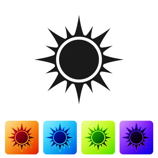 Icono Sol Negro aislado sobre fondo blanco. Establecer icono en los botones cuadrados de color. Ilustración vectorial — Vector de stock