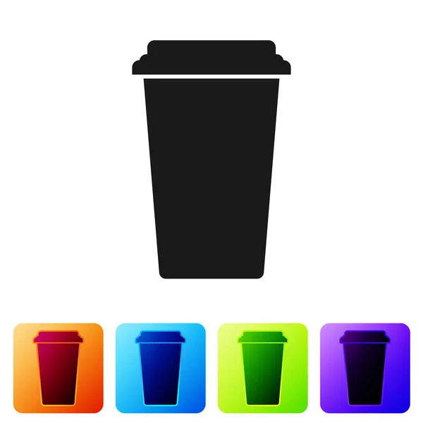 Icono de taza de café negro aislado sobre fondo blanco. taza de café desechable con café caliente. Establecer icono en los botones cuadrados de color. Ilustración vectorial — Vector de stock