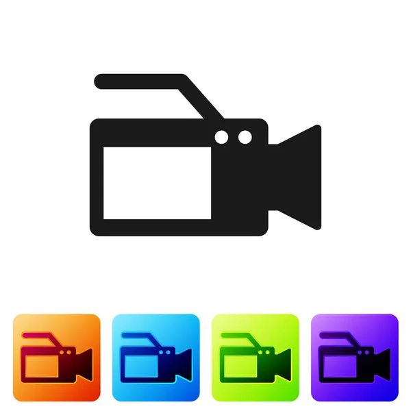 Black Cinema camera icon isolated on white background. Video camera. Movie sign. Film projector. Set icon in color square buttons. Vector Illustration — Stock Vector