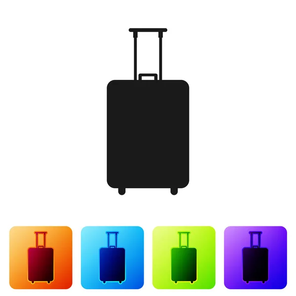 Black Travel suitcase icon isolated on white background. Traveling baggage sign. Travel luggage icon. Set icon in color square buttons. Vector Illustration — Stock Vector