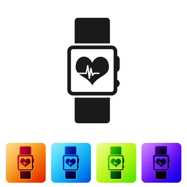 Reloj inteligente gris que muestra el icono de ritmo cardíaco aislado sobre fondo blanco. Concepto de aplicación Fitness. Establecer icono en los botones cuadrados de color. Ilustración vectorial — Archivo Imágenes Vectoriales