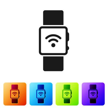 Beyaz arka plan üzerinde izole kablosuz simgesi simgesi olan gri Smartwatch. Simge renk kare düğmeleri ayarlayın. Vektör çizim
