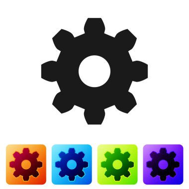 Beyaz arka plan üzerinde izole gri dişli simgesini. Dişli Dişli ayarları işareti. COG sembolü. Simge renk kare düğmeleri ayarlayın. Vektör çizim