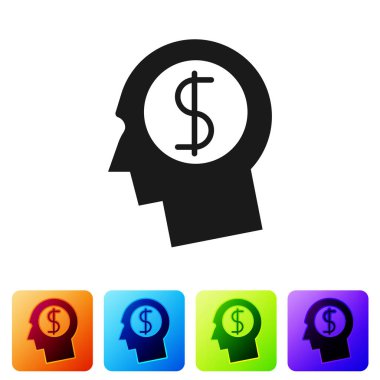 Zihin simgesi beyaz arka plan üzerinde izole planlama gri iş adamı. Dolar simgesi olan insan kafası. Para kazanmak için bir fikir. İş yatırım büyüme. Simge renk kare düğmeleri ayarlayın. Vektör çizim