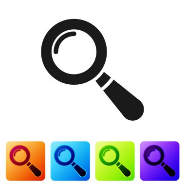 Beyaz arka plan üzerinde izole gri büyütme cam kutsal kişilerin resmi. Arama, odak, zoom, iş sembolü. Simge renk kare düğmeleri ayarlayın. Vektör çizim