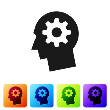 Gri insan kafası dişli simgesini beyaz arka plan üzerinde izole içinde ile. Yapay zeka. Düşünme beyin işareti. Sembol beyin eseri. Simge renk kare düğmeleri ayarlayın. Vektör çizim