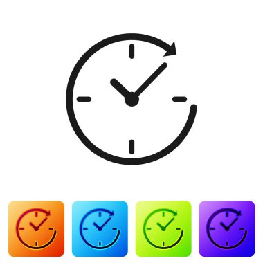 Gri ok simgesi beyaz arka plan üzerinde izole saatiyle. Saat simgesi. Saat yönünde döndür simgesini ok ve saat. Simge renk kare düğmeleri ayarlayın. Vektör çizim