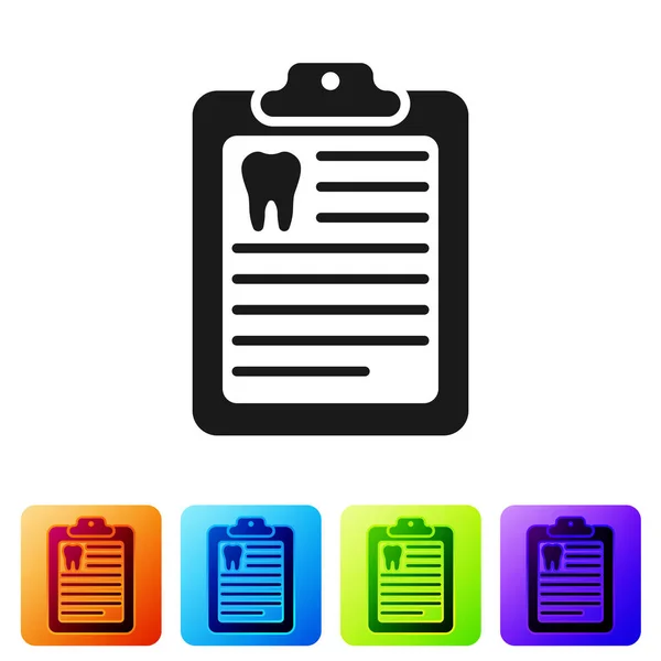 Black Clipboard with dental card or patient medical records icon isolated on white background. Dental insurance. Dental clinic report. Set icon in color square buttons. Vector Illustration — Stock Vector