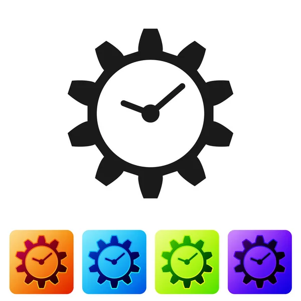 Grey Time Management icon isolated on white background. Clock and gear sign. Set icon in color square buttons. Vector Illustration — Stock Vector
