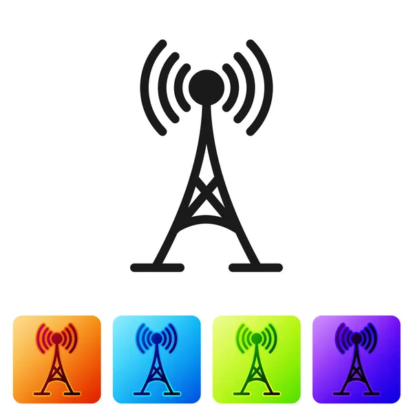 Svart antenn ikonen isolerad på vit bakgrund. Radioantenn trådlöst. Teknik och nätverk signal radioantenn. Ange ikon i färg fyrkantiga knappar. Vektorillustration — Stock vektor