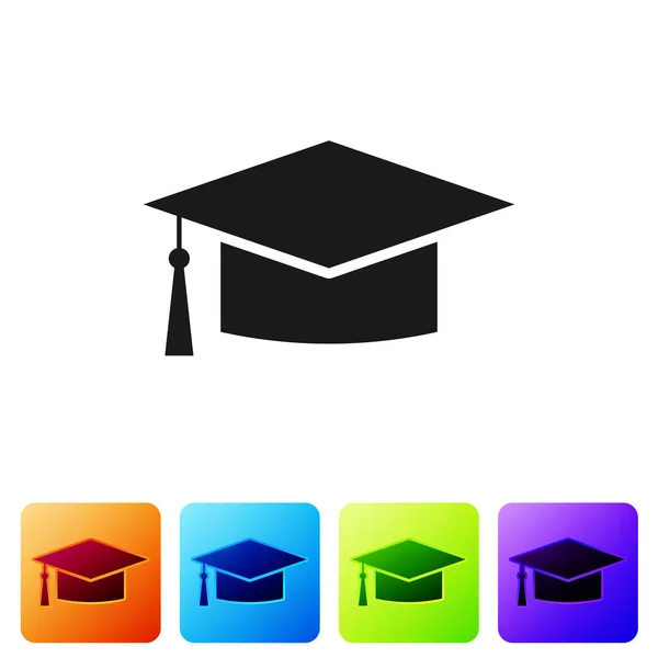 Ícone de boné de graduação preto isolado no fundo branco. Chapéu de graduação com ícone de borla. Definir ícone em botões quadrados de cor. Ilustração vetorial — Vetor de Stock