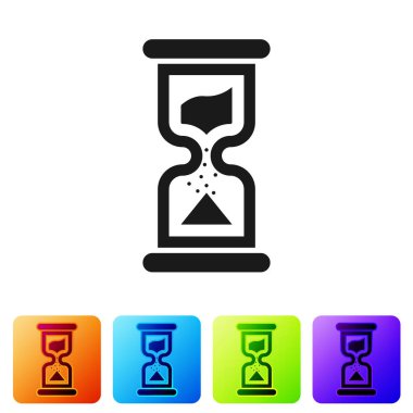 Gri eski akan kum saati simgesi beyaz arka plan üzerinde izole kum. Kum saati işareti. İş ve zaman yönetimi kavramı. Simge renk kare düğmeleri ayarlayın. Vektör çizim