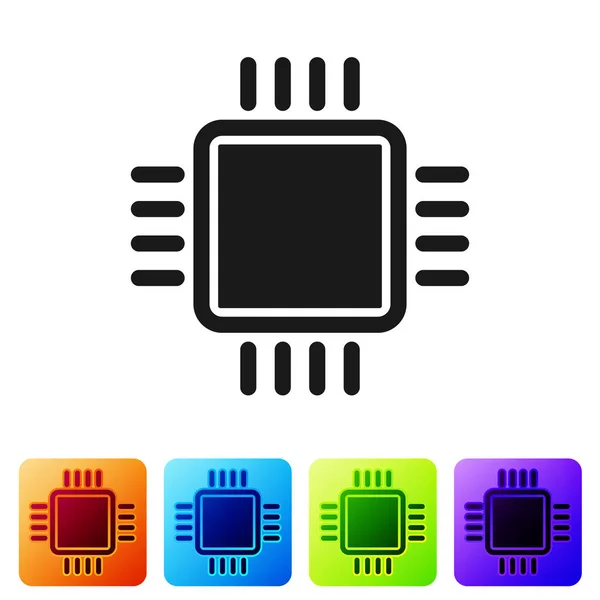 Processeur informatique gris avec icône de processeur de microcircuits isolé sur fond blanc. Chip ou cpu avec panneau de circuit imprimé. Micro processeur. Définir l'icône dans les boutons carrés de couleur. Illustration vectorielle — Image vectorielle