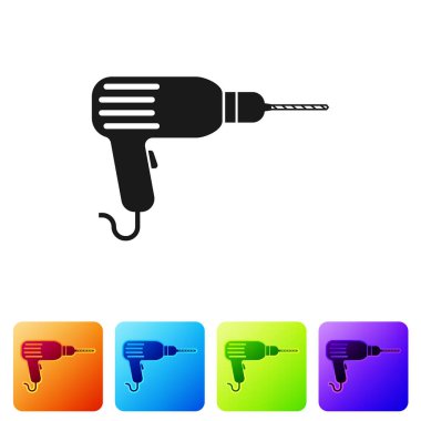 Siyah matkap makinesi simgesi beyaz arka plan üzerinde izole. Simge renk kare düğmeleri ayarlayın. Vektör çizim