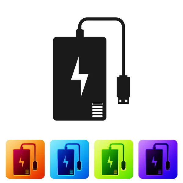 Black Power bank met verschillende gratis kabel pictogram geïsoleerd op een witte achtergrond. Draagbare opladen apparaat. Het vastgestelde pictogram in vierkante knoppen in kleur. Vectorillustratie — Stockvector