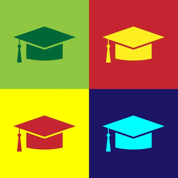 Color Icono de la tapa de graduación aislado en fondos de color. Sombrero de graduación con icono de borla. Diseño plano. Ilustración vectorial — Vector de stock