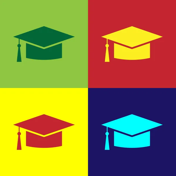 Color Icono de la tapa de graduación aislado en fondos de color. Sombrero de graduación con icono de borla. Diseño plano. Ilustración vectorial — Archivo Imágenes Vectoriales