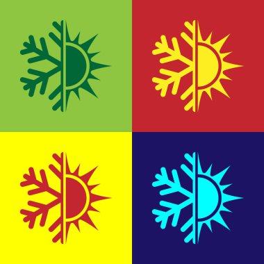 Renk sıcak ve soğuk sembolü. Renkli arka planlar üzerinde izole güneş ve kar tanesi kutsal kişilerin resmi. Kış ve yaz sembolü. Düz tasarım. Vektör çizim