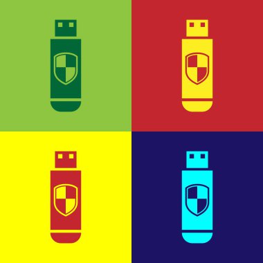 Renk Usb birden parlamak götürmek ve renkli arka planlar üzerinde izole Koruma Kalkanı simgesi. Düz tasarım. Vektör çizim