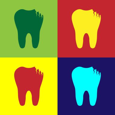 Renkli arka planlar üzerinde izole kırık diş simge renk. Diş sorunu simgesi. Diş Bakımı sembolü. Düz tasarım. Vektör çizim 