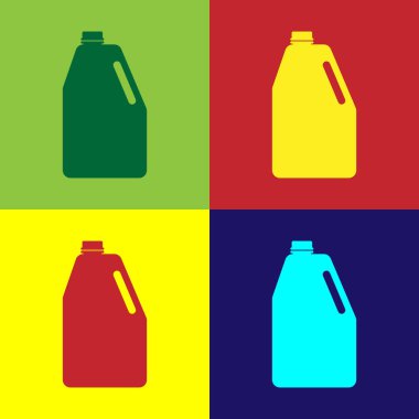 Ev kimyasalları izole boş plastik şişe simge renk arka plan üzerinde renkli. Sıvı deterjan veya sabun, Leke çıkarıcı, Çamaşırhane çamaşır suyu. Düz tasarım. Vektör çizim