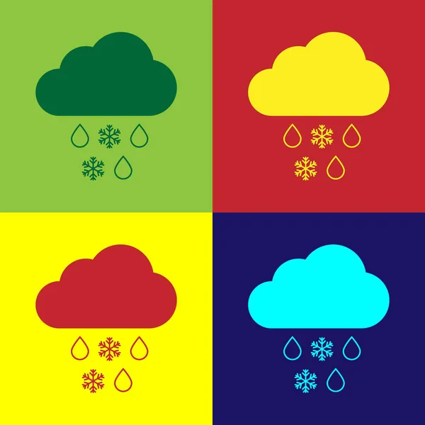 Farbwolke mit Schnee und Regen-Symbol isoliert auf farbigen Hintergründen. Wettersymbol. flache Bauweise. Vektorillustration — Stockvektor