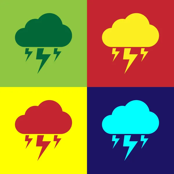 Farbsturm-Symbol isoliert auf farbigen Hintergründen. Wolke und Blitz. Wetter-Ikone Sturm. flache Bauweise. Vektorillustration — Stockvektor