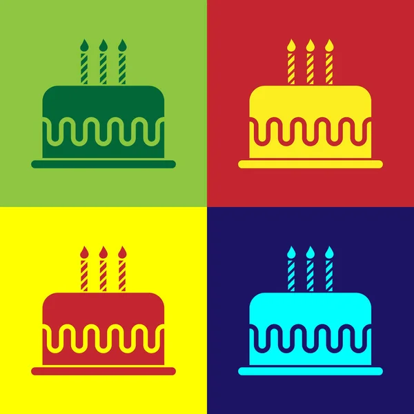 Color Cake with burning candles icon isolated on color backgrounds. Happy Birthday. Flat design. Vector Illustration — Stock Vector