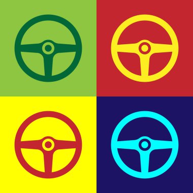 Renkli arka planlar üzerinde izole renk direksiyon simgesi. Araba tekerlek simgesi. Düz tasarım. Vektör çizim