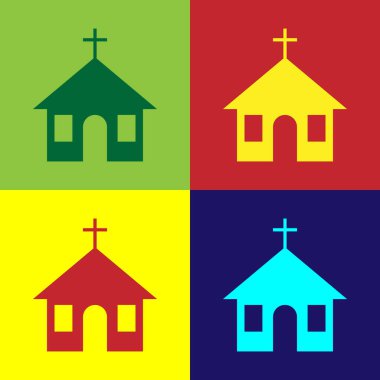 Renk kilise bina simgesini renkli arka planlar üzerinde izole. Christian Church. Kilise dinin. Düz tasarım. Vektör çizim