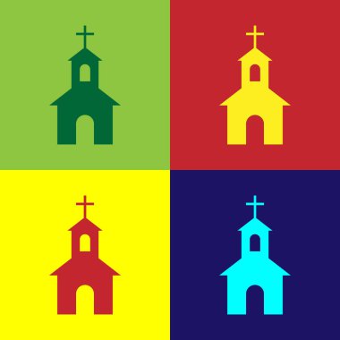 Renk kilise bina simgesini renkli arka planlar üzerinde izole. Christian Church. Kilise dinin. Düz tasarım. Vektör çizim