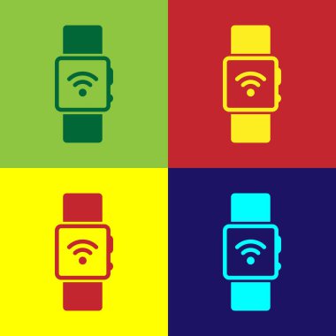 Renk Smartwatch renkli arka planlar üzerinde izole kablosuz simgesi simgesi olan. Düz tasarım. Vektör çizim