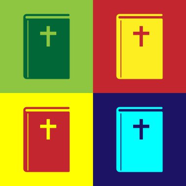 Renk kutsal İncil kitap simgesini renkli arka planlar üzerinde izole. Düz tasarım. Vektör çizim