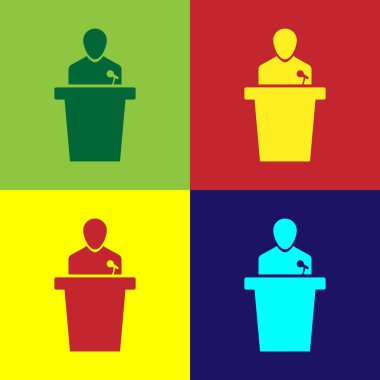 Renkli arka planlar üzerinde izole renk sözcü kutsal kişilerin resmi. Tribün konuşan Hatip. Genel konuşma. Podyumda kişi. Düz tasarım. Vektör çizim