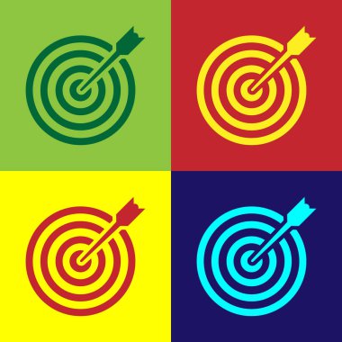 Renk renk arka plan üzerinde izole ok simgesi hedefle. Yönetim Kurulu üye dart. Okçuluk kurulu simgesi. Dart tahtası işareti. İş hedefi kavramı. Düz tasarım. Vektör çizim