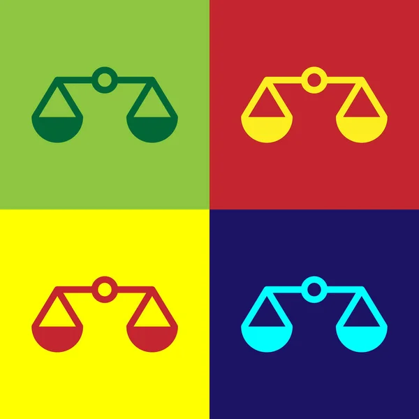 Χρωματικές κλίμακες της δικαιοσύνης εικονίδιο απομονώνονται σε έγχρωμο φόντο. Σύμβολο του Δικαστηρίου. Ισορροπία κλίμακας σημάδι. Επίπεδη σχεδίαση. Εικονογράφηση διάνυσμα — Διανυσματικό Αρχείο