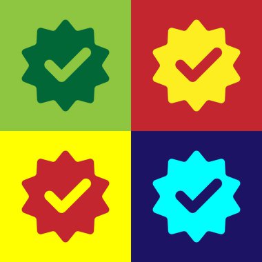 Renk onaylandı veya şeritler ve renkli arka planlar üzerinde izole onay işareti simgesini ile sertifikalı madalya. Düz tasarım. Vektör çizim