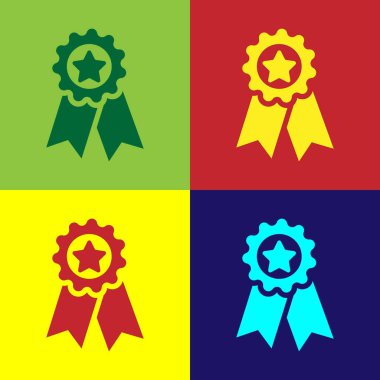 Renkli arka planlar üzerinde izole yıldız simgesi ile renk madalya. Galibi başarı işareti. Ödül madalya. Düz tasarım. Vektör çizim
