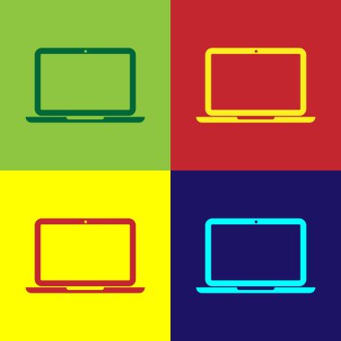 Renkli arka planlar üzerinde izole renk Laptop simgesi. Bilgisayar notebook boş ekran işareti ile. Düz tasarım. Vektör çizim
