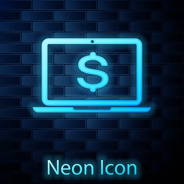 Leuchtender Neon-Laptop mit Dollar-Symbol isoliert auf Backsteinwand Hintergrund. Online-Shopping-Konzept. Sparkonzept. Vektorillustration — Stockvektor