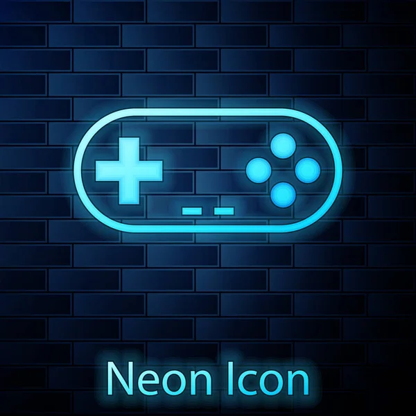 Glowing neon Gamepad icon isolated on brick wall background. Game controller. Vector Illustration — Stock Vector