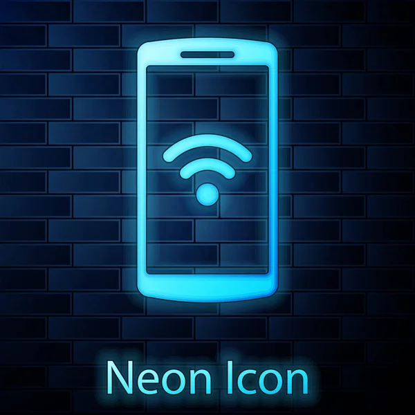 Parlak neon Smartphone ücretsiz wi-fi Kablosuz bağlantı simgesi üzerinde tuğla duvar arka plan ile. Kablosuz teknoloji, kablosuz internet bağlantısı, kablosuz ağ, hotspot kavramları. Vektör çizim — Stok Vektör