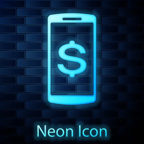 Leuchtendes Neon-Smartphone mit Dollar-Symbol auf Ziegelwand-Hintergrund. Online-Shopping-Konzept. Finanzielle Handy-Ikone. Online-Zahlungssymbol. Vektorillustration — Stockvektor