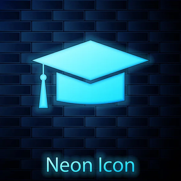 Icona luminosa neon Graduation cap isolato su sfondo muro di mattoni. Cappello da laurea con icona a nappa. Illustrazione vettoriale — Vettoriale Stock