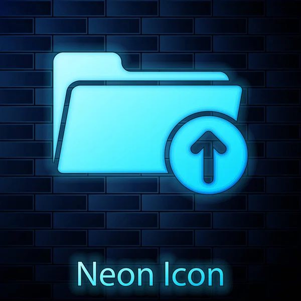 Leuchtender Neon-Downloadpfeil mit Ordnersymbol isoliert auf Ziegelwand-Hintergrund. Vektorillustration — Stockvektor