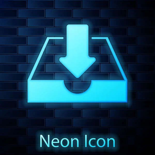Leuchtende Neon-Download-Posteingangssymbol isoliert auf Backsteinwand Hintergrund. Vektorillustration — Stockvektor