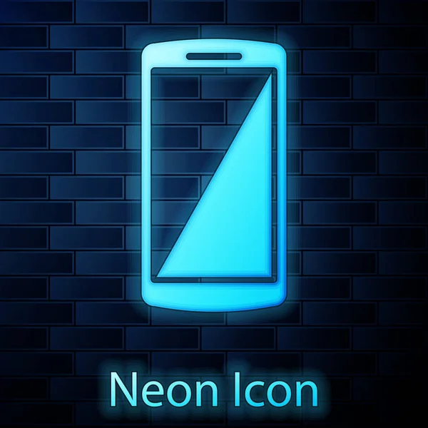 Zářící neon Smartphone, ikona mobilního telefonu izolované na cihlové zdi pozadí. Vektorová ilustrace — Stockový vektor