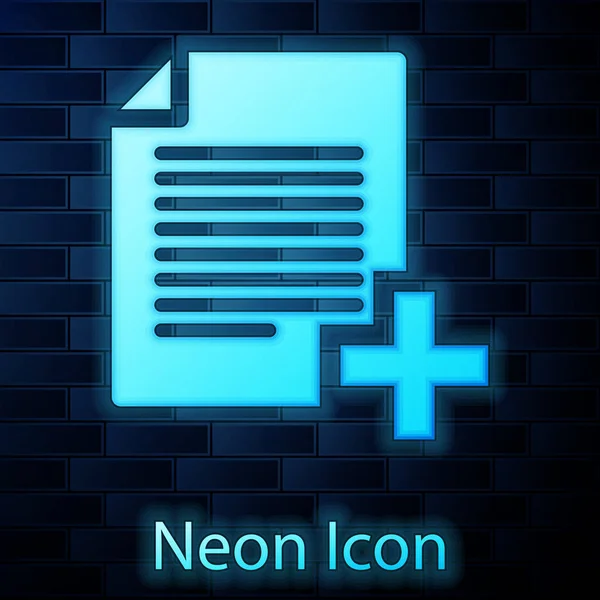 Glödande neon ikonen Lägg till ny fil isolerade på tegel vägg bakgrund. Kopiera dokument ikon. Vektorillustration — Stock vektor