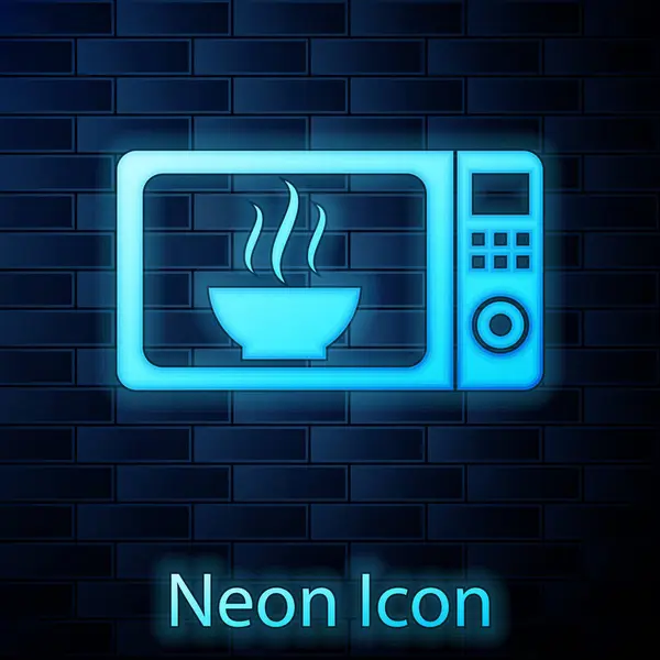 Glowing neon Microwave oven icon isolated on brick wall background. Home appliances icon.Vector Illustration
