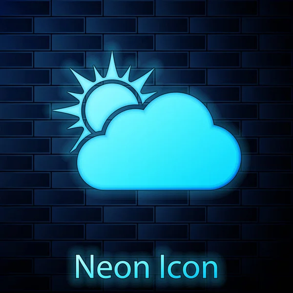Sol de néon brilhante e ícone de tempo de nuvem isolado no fundo da parede de tijolo. Ilustração vetorial — Vetor de Stock